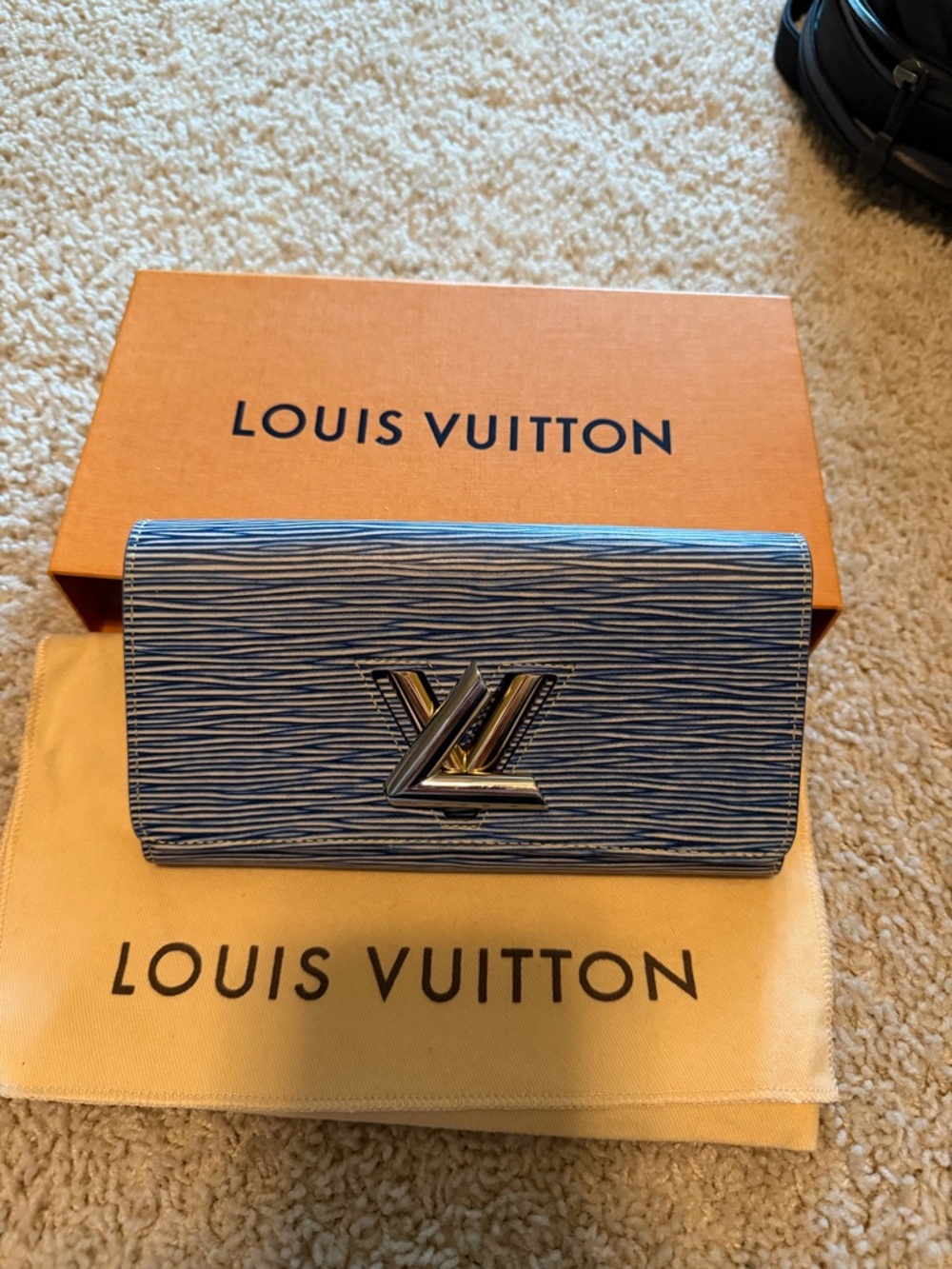 Louis Vuitton Denim Epi Leather Twist Clutch Wallet with Silver LV Clasp